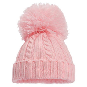 Bobble Hat With Cable Knit Pale Pink